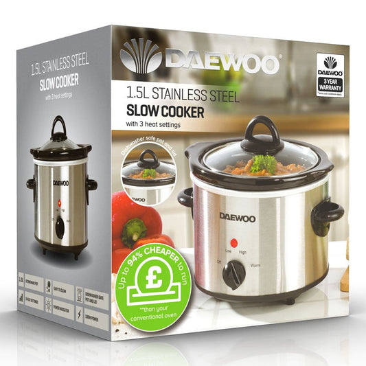 DAEWOO SLOW COOKER 1.5LTR STAINLESS STEEL 12/07